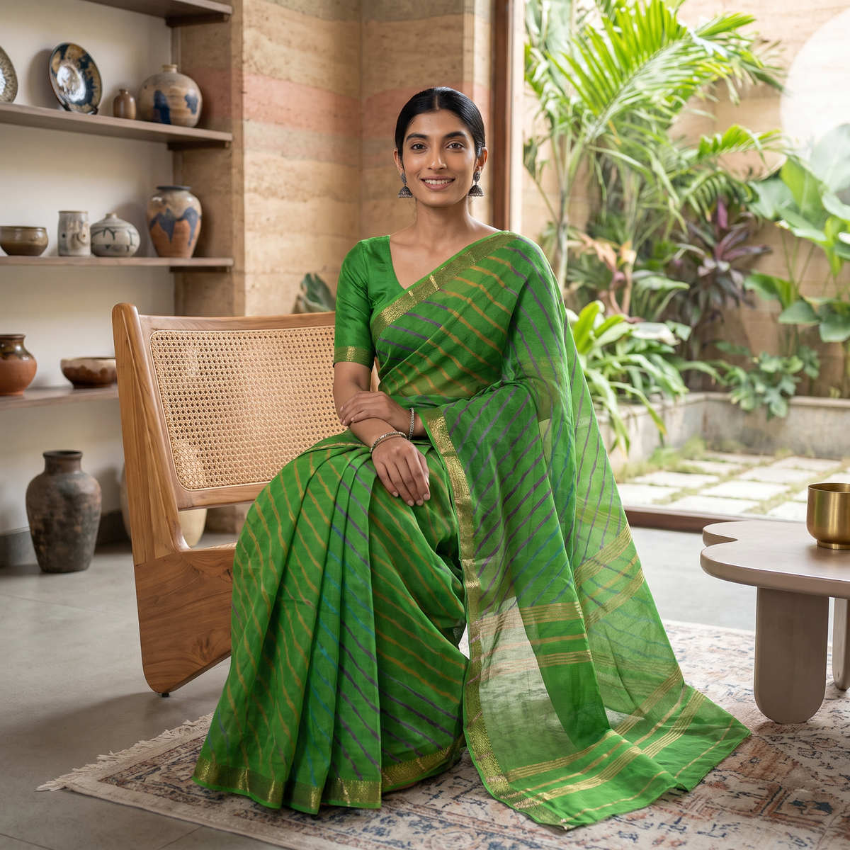 Green Tie-Dye Chanderi Silk Leheriya Saree with Zari Border, draped and worn by a woman, AI visual of the saree, iTokri