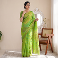 Parrot Green Tie-Dye Chanderi Silk Leheriya Saree with Zari Border, draped and worn by a woman, AI visual of the saree, iTokri
