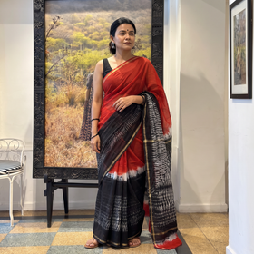 Multicolor Tie & Dye Chanderi Silk Shibori Saree with Zari Border, draped and worn by a woman, AI visual of the saree, iTokri