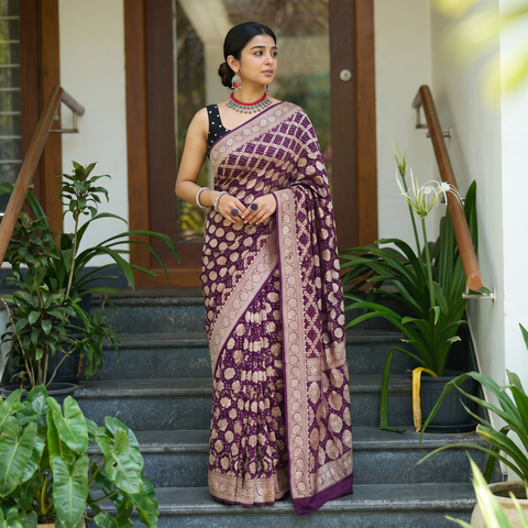 Purple tie-dye georgette Banarasi neem zari jaal Kutch Bandhani saree, draped and worn by a woman, AI visual of the saree, iTokri