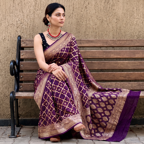 Purple tie-dye georgette Banarasi neem zari jaal Kutch Bandhani saree, draped and worn by a woman, AI visual of the saree, iTokri
