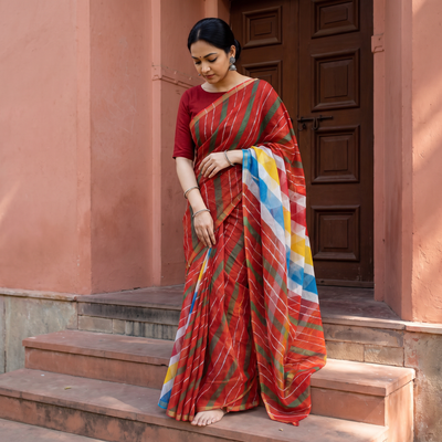 Red Tie-Dye Kota Doria Cotton Leheriya Saree, draped and worn by a woman, AI visual of the saree, iTokri
