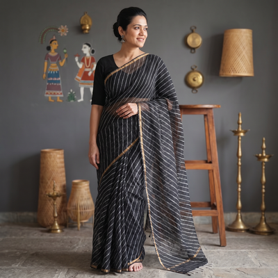 Black Tie-Dye Kota Doria Cotton Leheriya Saree, draped and worn by a woman, AI visual of the saree, iTokri