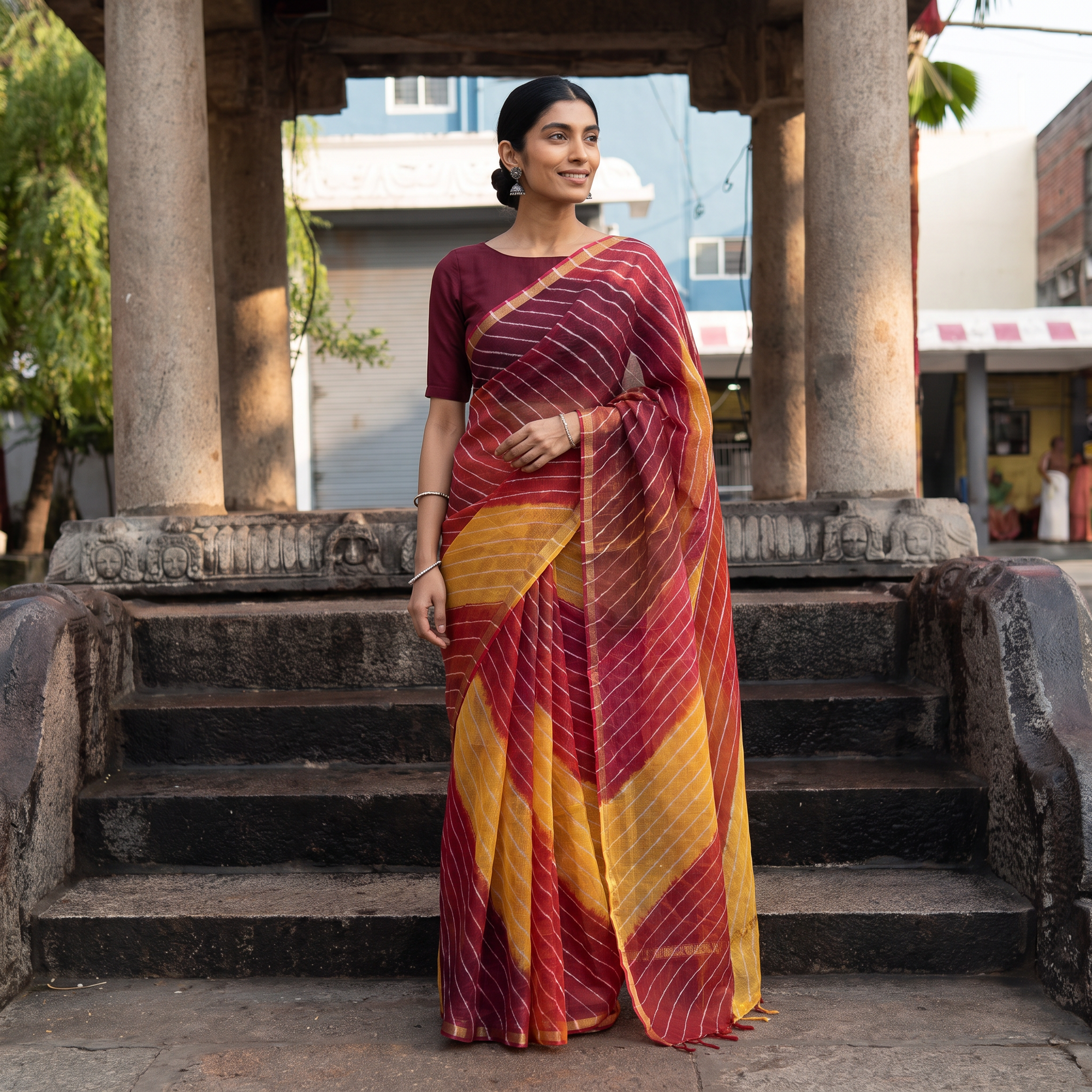 Multicolor Tie-Dye Kota Doria Cotton Leheriya Saree, draped and worn by a woman, AI visual of the saree, iTokri