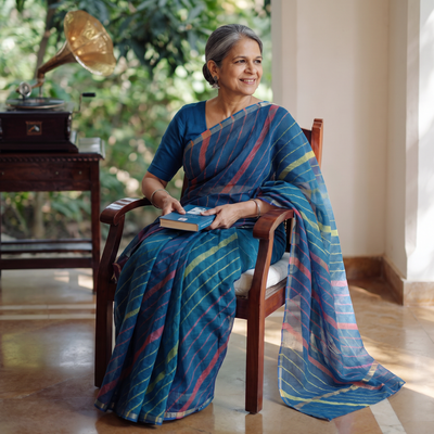 Blue Tie-Dye Kota Doria Cotton Leheriya Saree, draped and worn by a woman, AI visual of the saree, iTokri