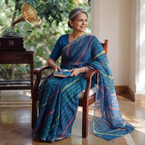 Blue Tie-Dye Kota Doria Cotton Leheriya Saree, draped and worn by a woman, AI visual of the saree, iTokri