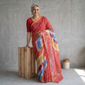 Red Tie-Dye Kota Doria Cotton Leheriya Saree, draped and worn by a woman, AI visual of the saree, iTokri