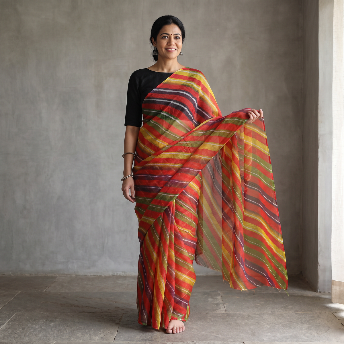 Red Tie-Dye Kota Doria Cotton Leheriya Saree, draped and worn by a woman, AI visual of the saree, iTokri