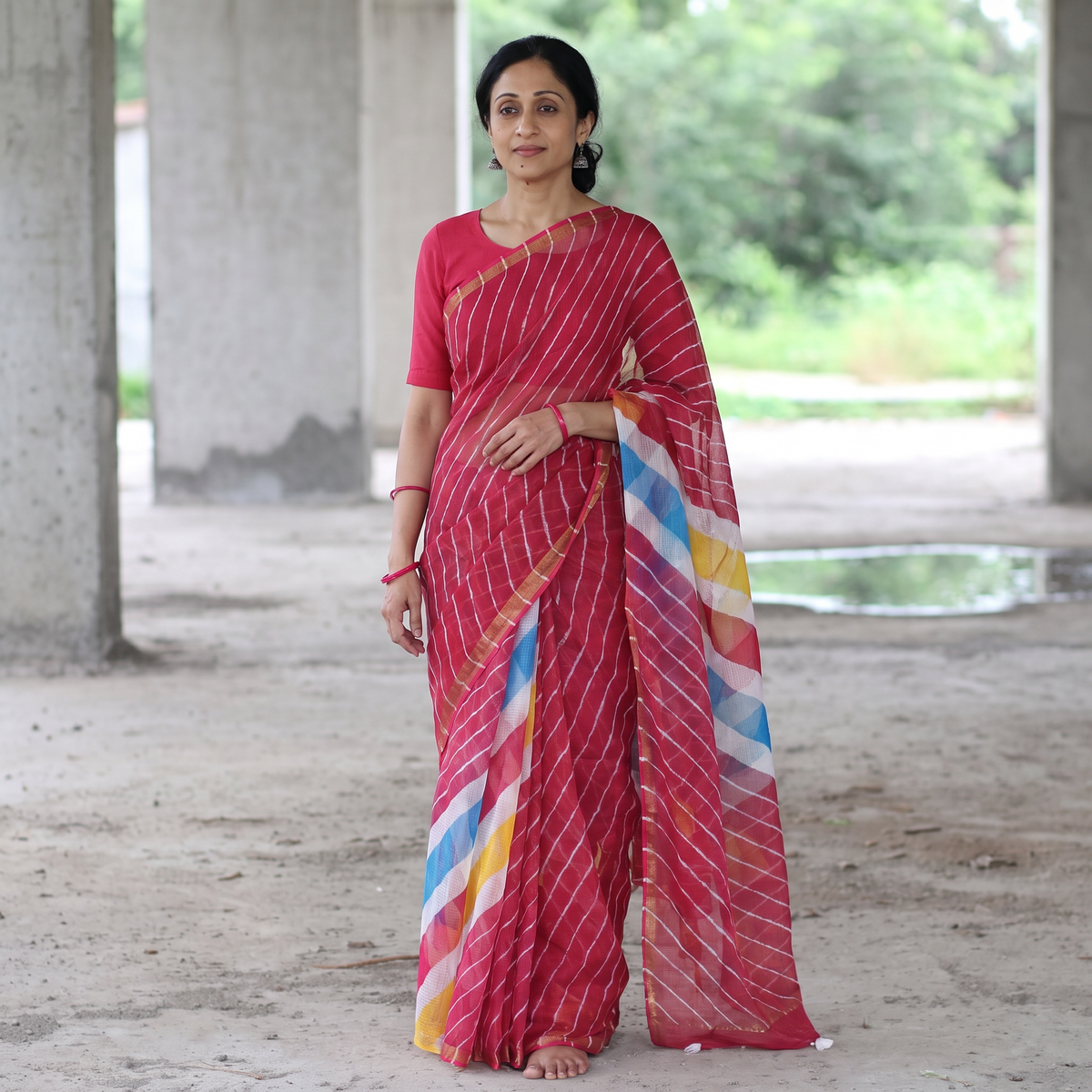 Pink Tie-Dye Kota Doria Cotton Leheriya Saree, draped and worn by a woman, AI visual of the saree, iTokri