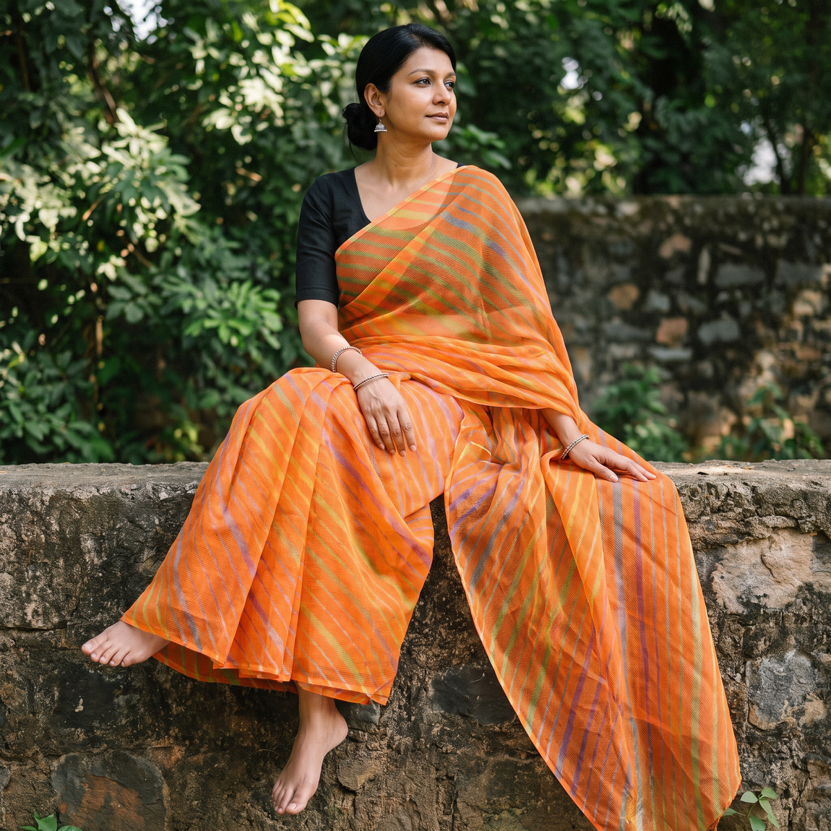 Orange Tie-Dye Kota Doria Cotton Leheriya Saree, draped and worn by a woman, AI visual of the saree, iTokri