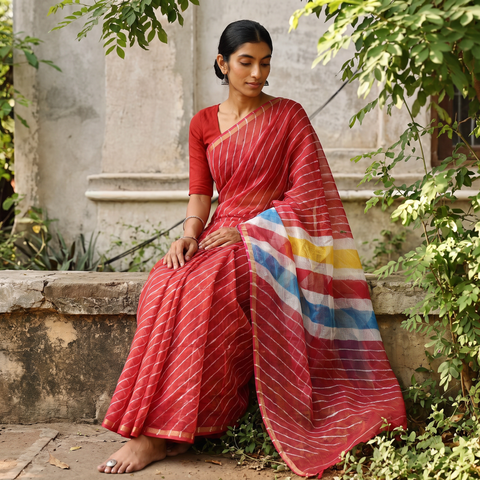 Pink Tie-Dye Kota Doria Cotton Leheriya Saree, draped and worn by a woman, AI visual of the saree, iTokri