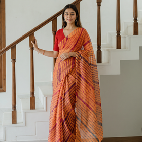 Orange Tie-Dye Kota Doria Cotton Leheriya Saree, draped and worn by a woman, AI visual of the saree, iTokri