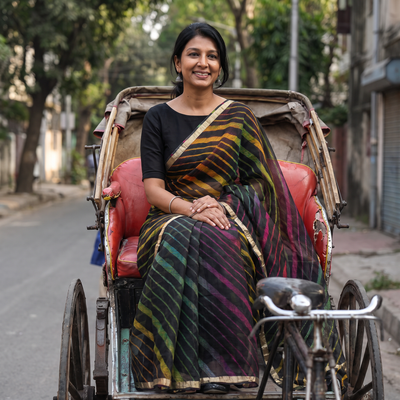 Multicolor Tie-Dye Kota Doria Silk Leheriya Saree, draped and worn by a woman, AI visual of the saree, iTokri