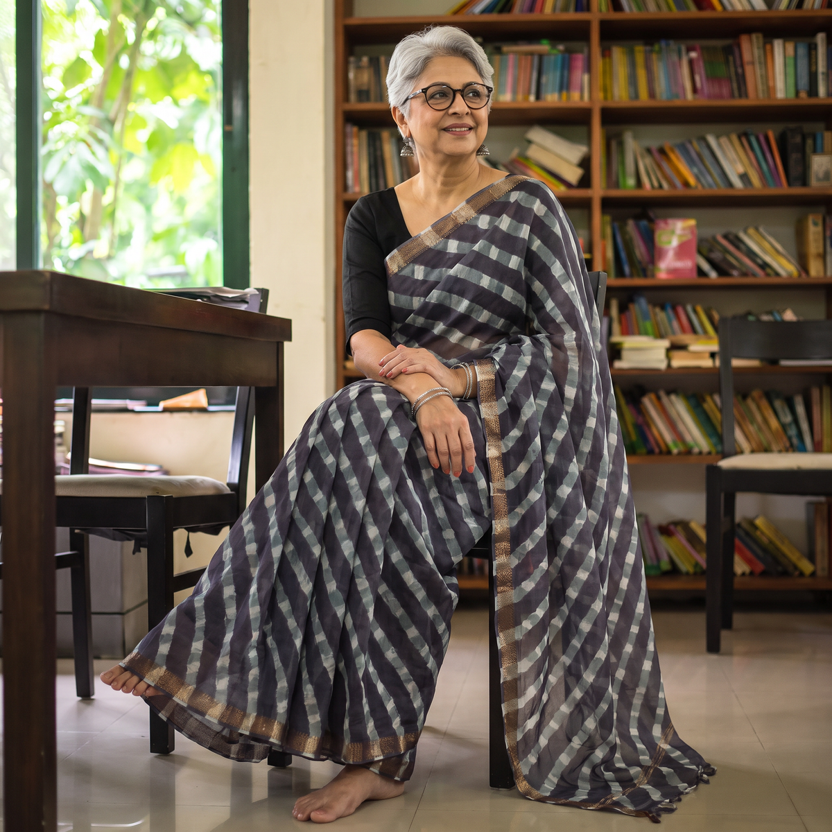 Black Tie-Dye Mothra Chanderi Silk Leheriya Saree with Zari Border, draped and worn by a woman, AI visual of the saree, iTokri