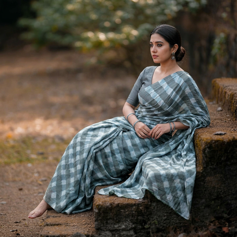 Grey Tie-Dye Mulberry Silk Handloom Leheriya Saree, draped and worn by a woman, AI visual of the saree, iTokri