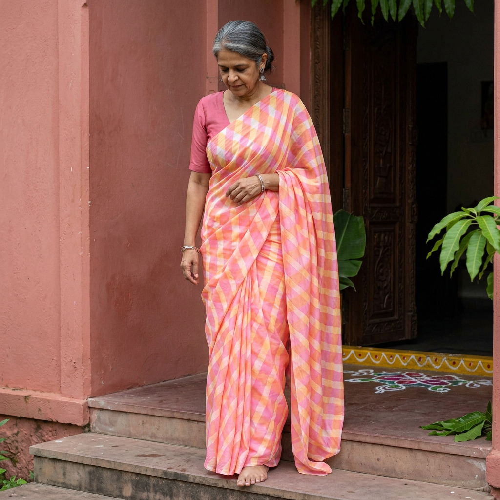 Pink Tie-Dye Mulberry Silk Handloom Leheriya Saree, draped and worn by a woman, AI visual of the saree, iTokri