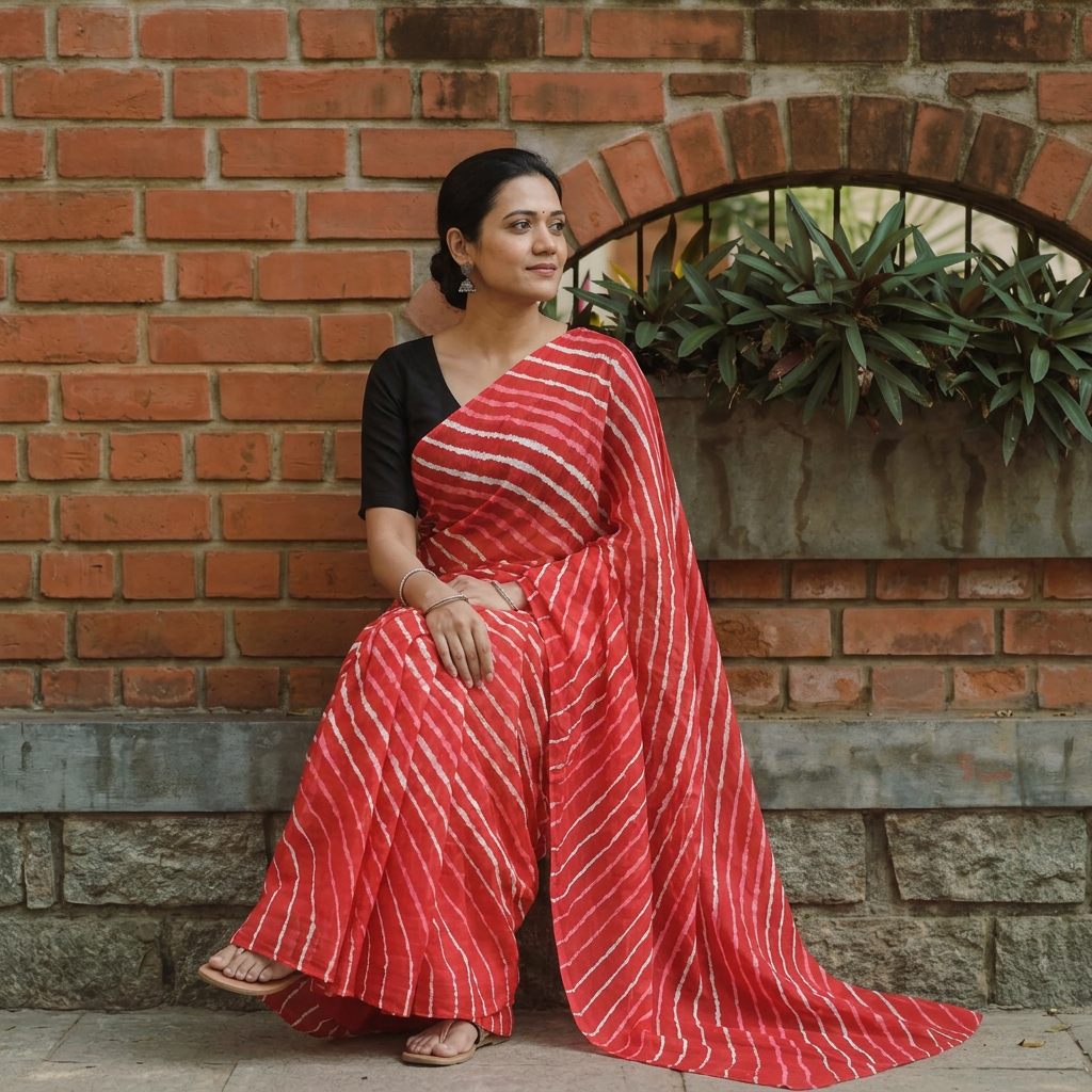 Red Tie-Dye Mulberry Silk Handloom Leheriya Saree, draped and worn by a woman, AI visual of the saree, iTokri