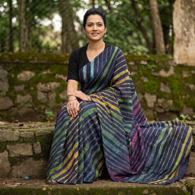 Blue Tie-Dye Tussar Silk Handloom Leheriya Saree, draped and worn by a woman, AI visual of the saree, iTokri
