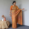 Orange Tie-Dye Tussar Silk Handloom Leheriya Saree, draped and worn by a woman, AI visual of the saree, iTokri