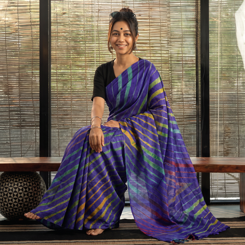 Purple Tie-Dye Tussar Silk Handloom Leheriya Saree, draped and worn by a woman, AI visual of the saree, iTokri
