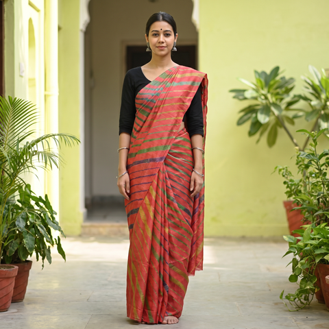Red Tie-Dye Tussar Silk Handloom Leheriya Saree, draped and worn by a woman, AI visual of the saree, iTokri