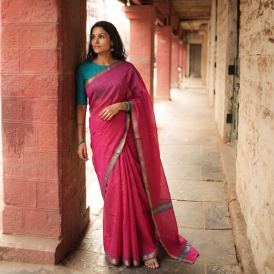 Pink Traditional Buti Handloom Zari Work Saree, draped and worn by a woman, AI visual of the saree, iTokri