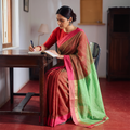 Red Traditional Challapalli Plain Handloom Cotton Saree, draped and worn by a woman, AI visual of the saree, iTokri