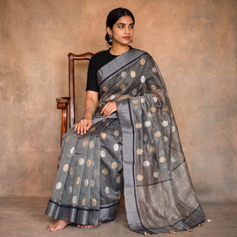 Grey Traditional Chanderi Katan Silk Handloom Zari Work Saree by Rauph Khan, draped and worn by a woman, AI visual of the saree, iTokri