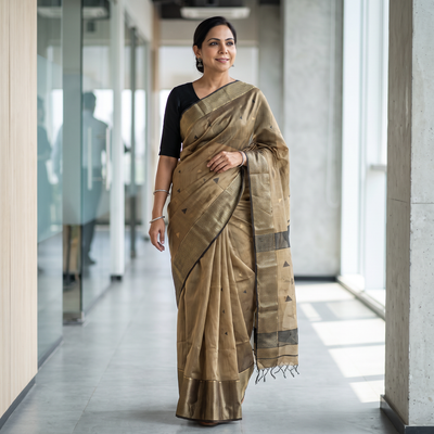 Brown Traditional Chanderi Silk Handloom Saree with Zari Border & Buti, draped and worn by a woman, AI visual of the saree, iTokri