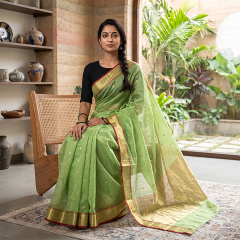 Green Traditional Chanderi Silk Handloom Saree with Zari Border & Buti, draped and worn by a woman, AI visual of the saree, iTokri