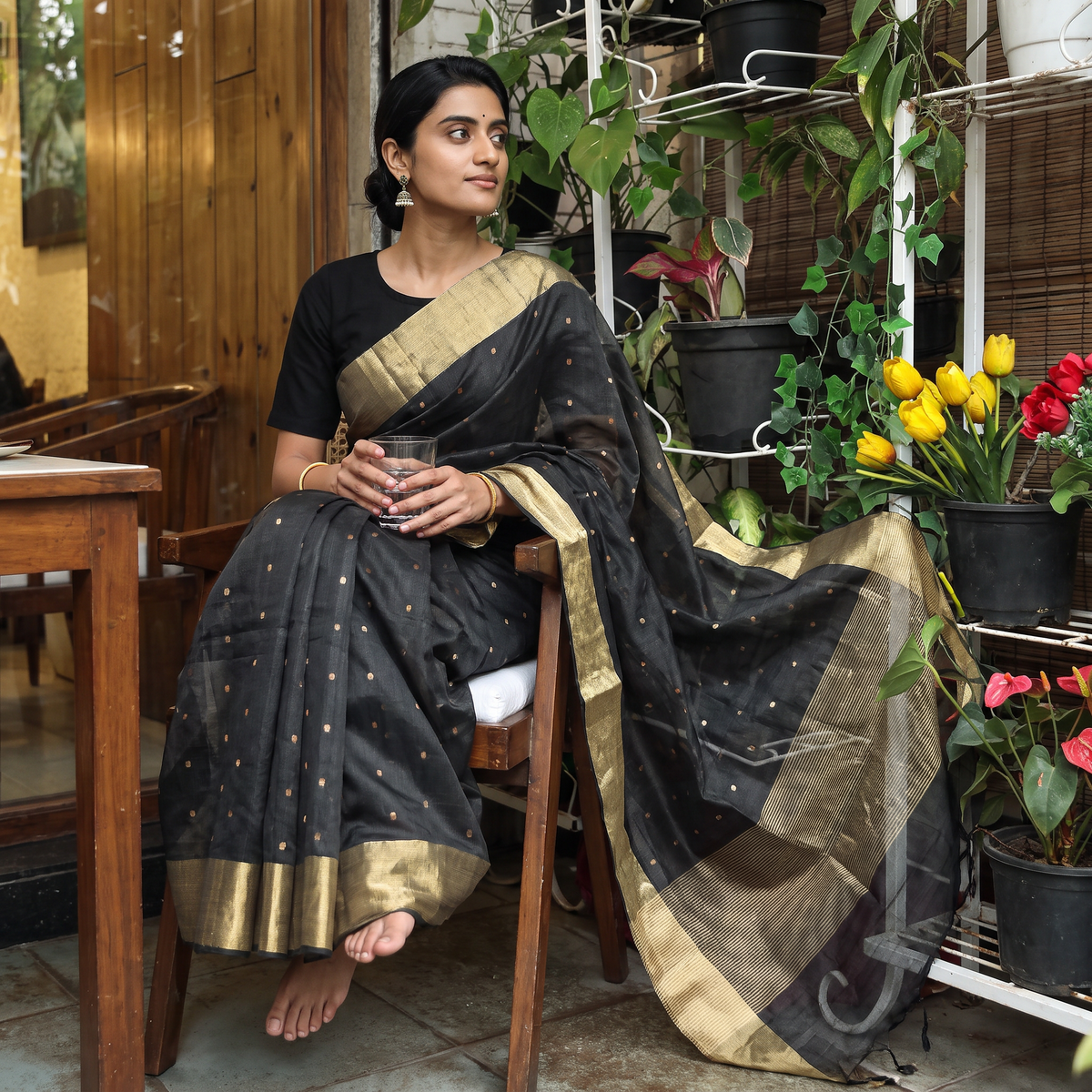 Grey Traditional Chanderi Silk Handloom Saree with Zari Border & Buti, draped and worn by a woman, AI visual of the saree, iTokri