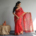 Red Traditional Chanderi Silk Handloom Saree with Zari Border & Buti, draped and worn by a woman, AI visual of the saree, iTokri