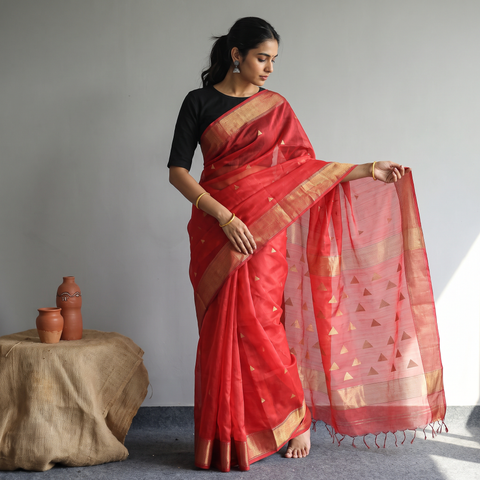 Red Traditional Chanderi Silk Handloom Saree with Zari Border & Buti, draped and worn by a woman, AI visual of the saree, iTokri
