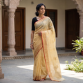 Yellow Traditional Chanderi Silk Handloom Zari Work Saree by Rauph Khan, draped and worn by a woman, AI visual of the saree, iTokri
