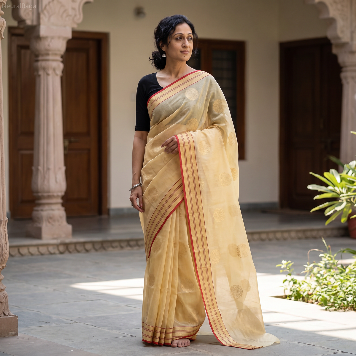 Yellow Traditional Chanderi Silk Handloom Zari Work Saree by Rauph Khan, draped and worn by a woman, AI visual of the saree, iTokri