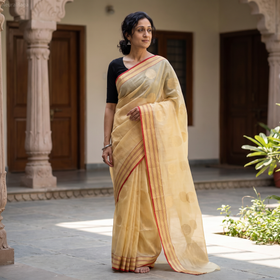 Yellow Traditional Chanderi Silk Handloom Zari Work Saree by Rauph Khan, draped and worn by a woman, AI visual of the saree, iTokri