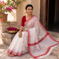White Traditional Handloom Buti Chanderi Silk Saree, draped and worn by a woman, AI visual of the saree, iTokri