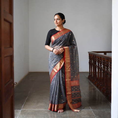 Grey Traditional Handloom Buti Katan Chanderi Silk Saree, draped and worn by a woman, AI visual of the saree, iTokri