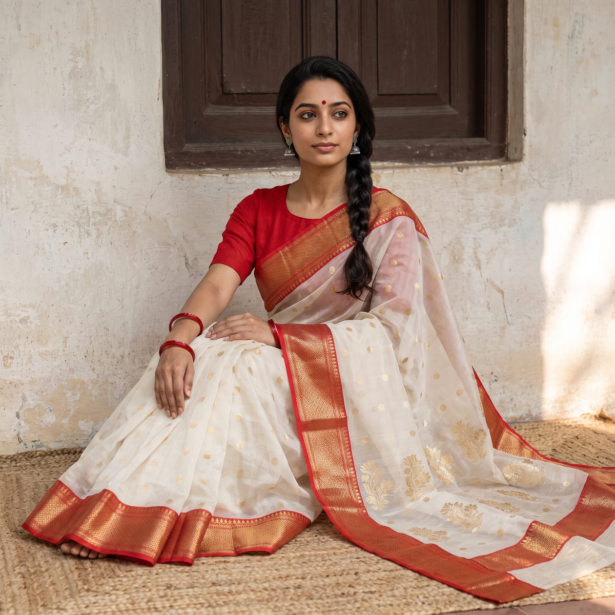 White Traditional Handloom Chanderi Silk Saree, draped and worn by a woman, AI visual of the saree, iTokri