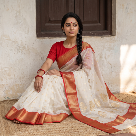 White Traditional Handloom Chanderi Silk Saree, draped and worn by a woman, AI visual of the saree, iTokri