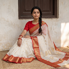 White Traditional Handloom Chanderi Silk Saree, draped and worn by a woman, AI visual of the saree, iTokri
