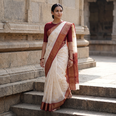 White Traditional Handloom Chanderi Silk Saree, draped and worn by a woman, AI visual of the saree, iTokri