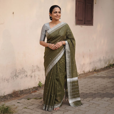 Green Traditional Handloom Chanderi Silk Saree, draped and worn by a woman, AI visual of the saree, iTokri