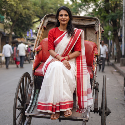 White Traditional Handloom Maheshwari Silk Saree, draped and worn by a woman, AI visual of the saree, iTokri