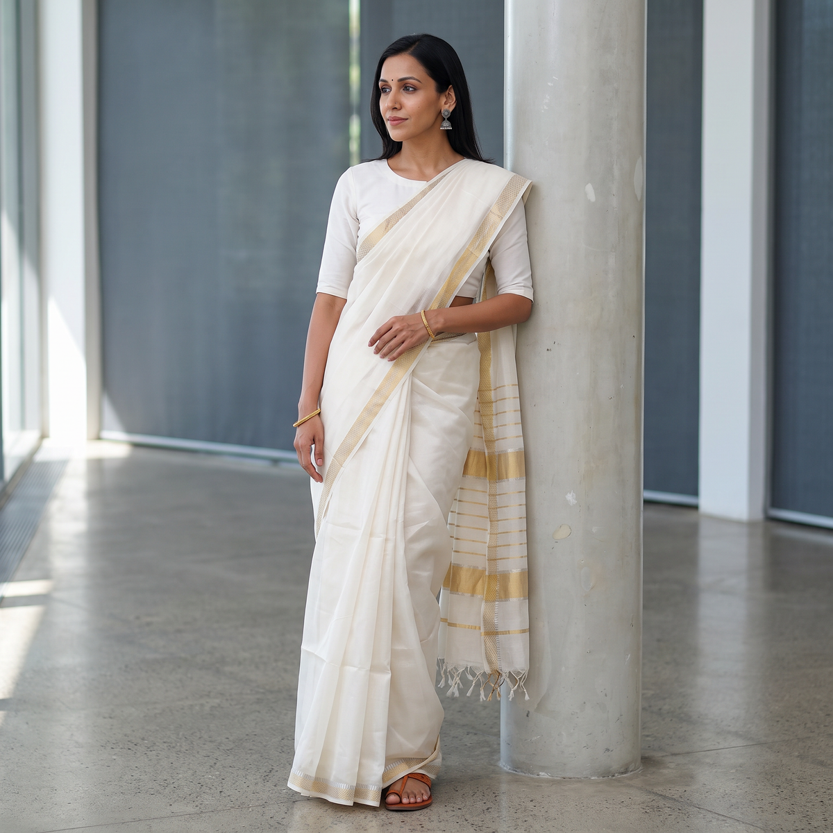 White Traditional Handloom Maheshwari Silk Saree, draped and worn by a woman, AI visual of the saree, iTokri