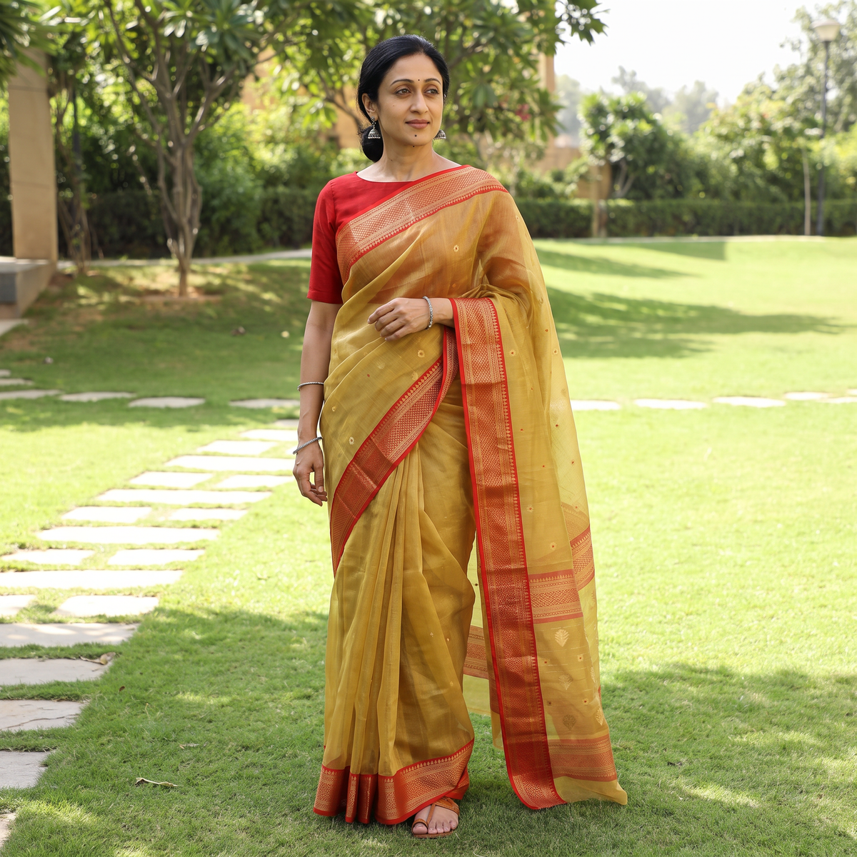 Yellow Traditional Handloom Tissue Zari Katan Chanderi Silk Saree, draped and worn by a woman, AI visual of the saree, iTokri