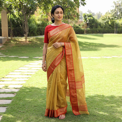 Yellow Traditional Handloom Tissue Zari Katan Chanderi Silk Saree, draped and worn by a woman, AI visual of the saree, iTokri