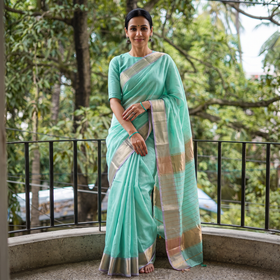Green Traditional Handloom Zari Work Silk Maheshwari Saree, draped and worn by a woman, AI visual of the saree, iTokri