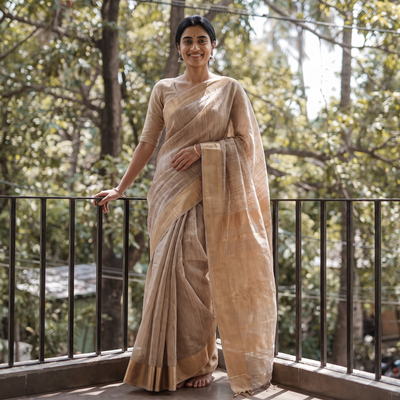 Brown Traditional Handloom Zari Work Silk Maheshwari Saree, draped and worn by a woman, AI visual of the saree, iTokri