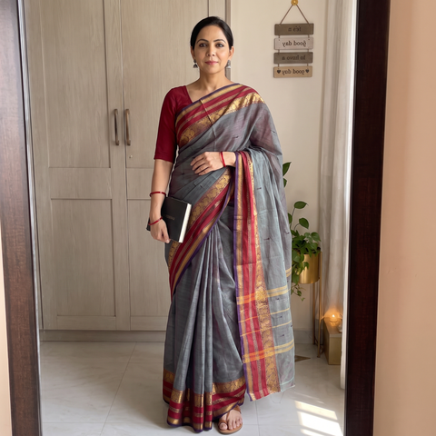 Grey Traditional Kanchipuram Cotton Saree with Zari Border, draped and worn by a woman, AI visual of the saree, iTokri